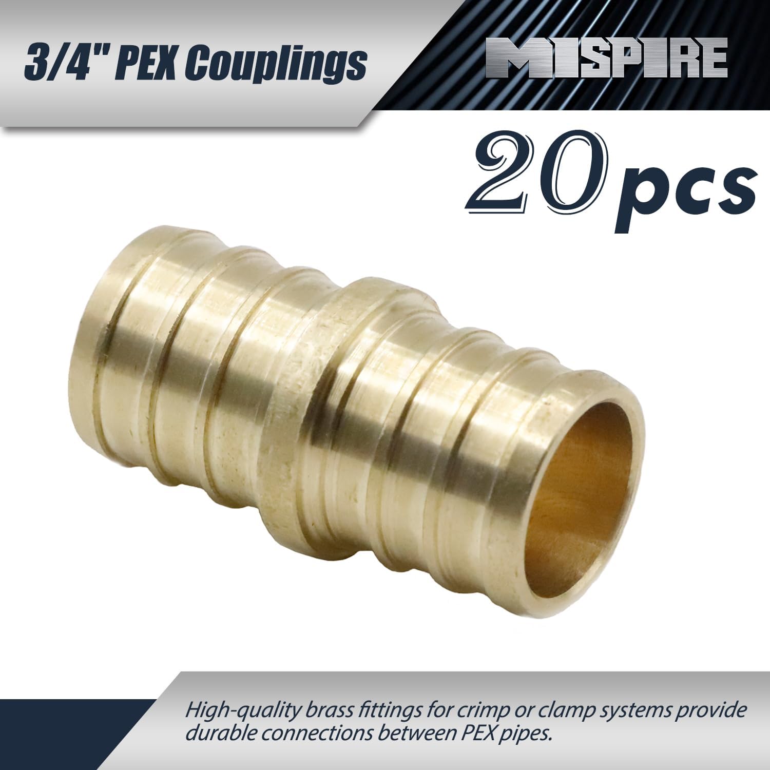 3/4 Inch PEX Fittings, 20-Pack 3/4 Inch Pipe Coupling Fittings MISPIRE - Lead-Free Brass Coupler Fittings for PEX Pipe Plumbing Connector, No Lead Brass C46500, ASTM F1807