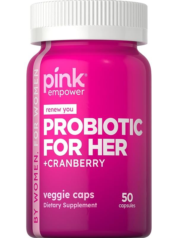 PINK Probióticos para mulheres com cranberry, 5 bilhões de culturas ativas e 60 mg de cranberry, 50 cápsulas
