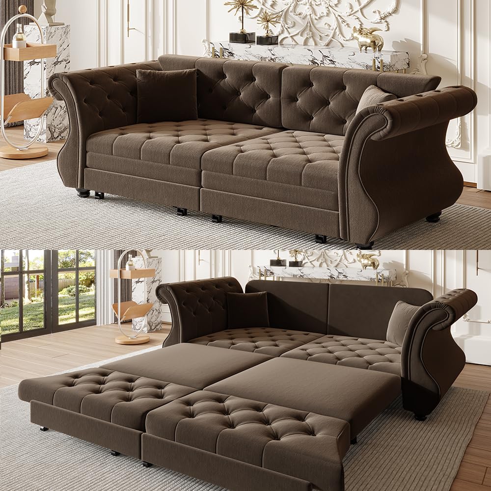 83.8'' Sleeper Sofa Bed Queen, Convertible Pull Out Couch, Chesterfield Futon Sofa Bed with Flower-Tuffed Back, Velvet Daybed, 2 Pillows, Loveseat Couches for Living Room, Small Spaces, Brown