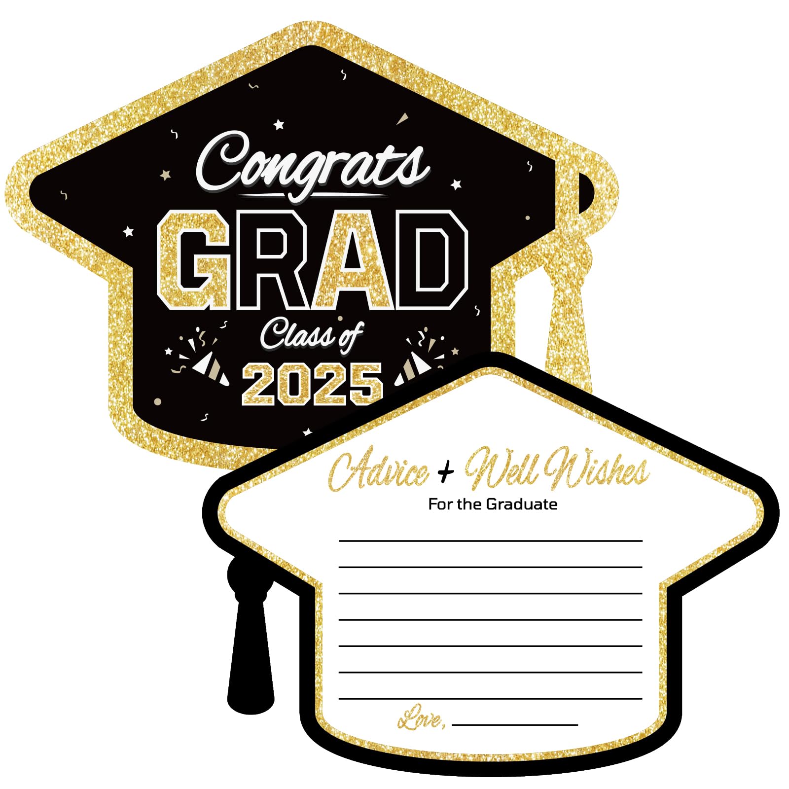 Vuzvuv 60 Graduation Advice Cards for Graduates, Class of 2025 Graduation Well Wishes Cards for High School or College Party Games Decorations Supplies (Black Gold)