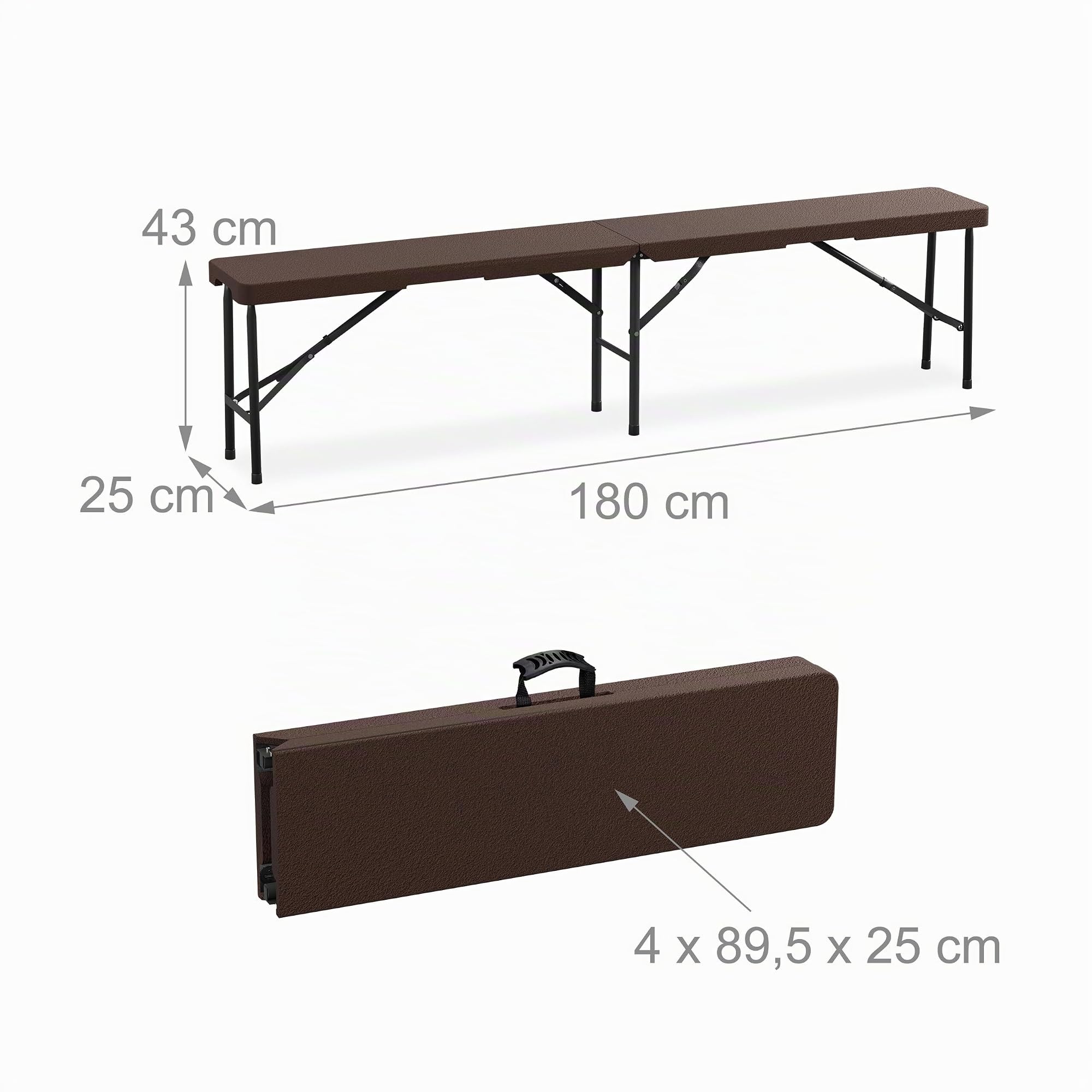 Relaxdays Banc Pliable, Lot de 2, Acier et Plastique, pour Jardin, terrasse, Camping, HLP : 43x180x25 cm, Marron