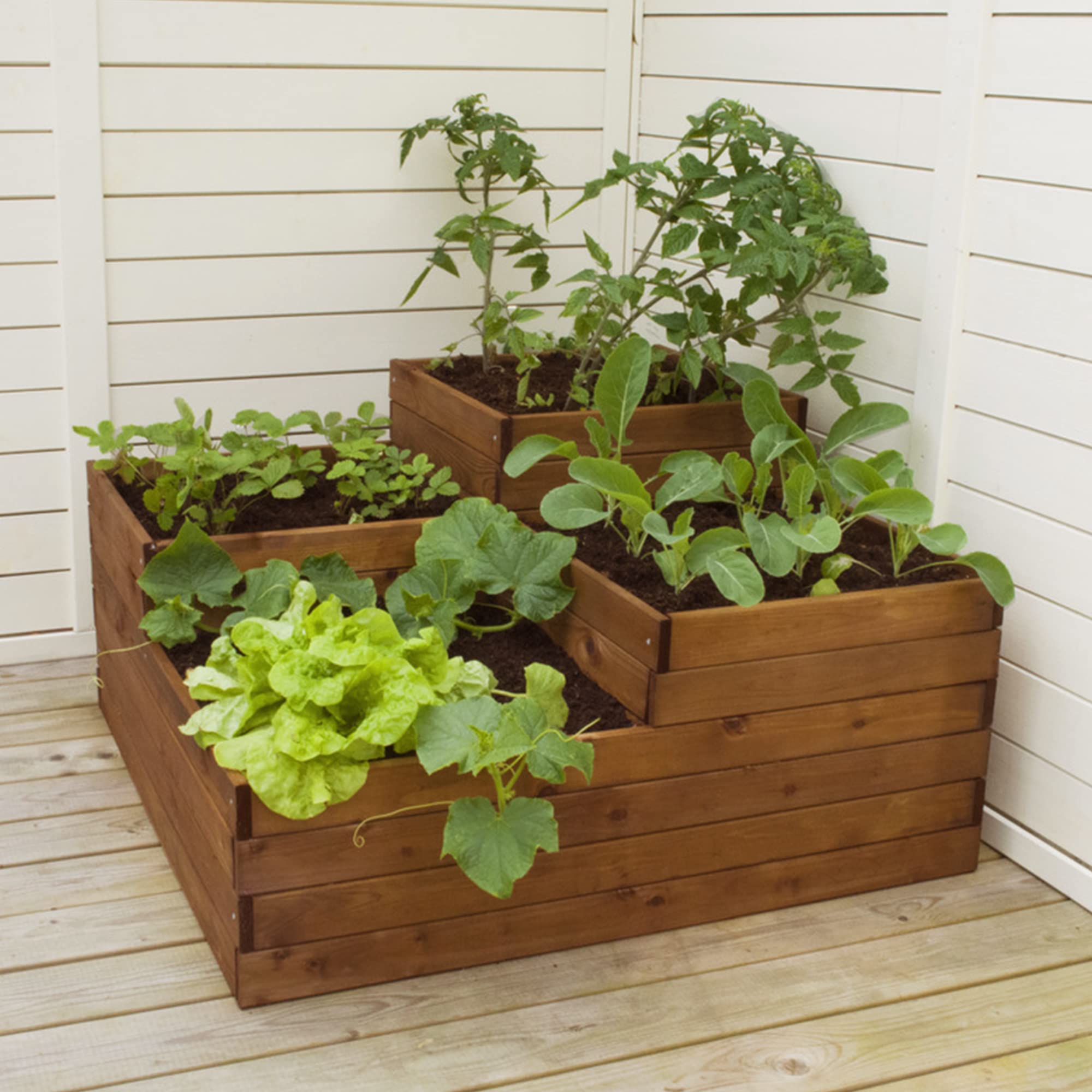 dobar® 58180FSC verhoogd bloembed Peru bloembed drie treden | kruidenbed massief hout insteeksysteem | grote bloementrap incl. plantenvlies | plantentrap 3 niveaus | 110 x 88 x 36 cm | bruin