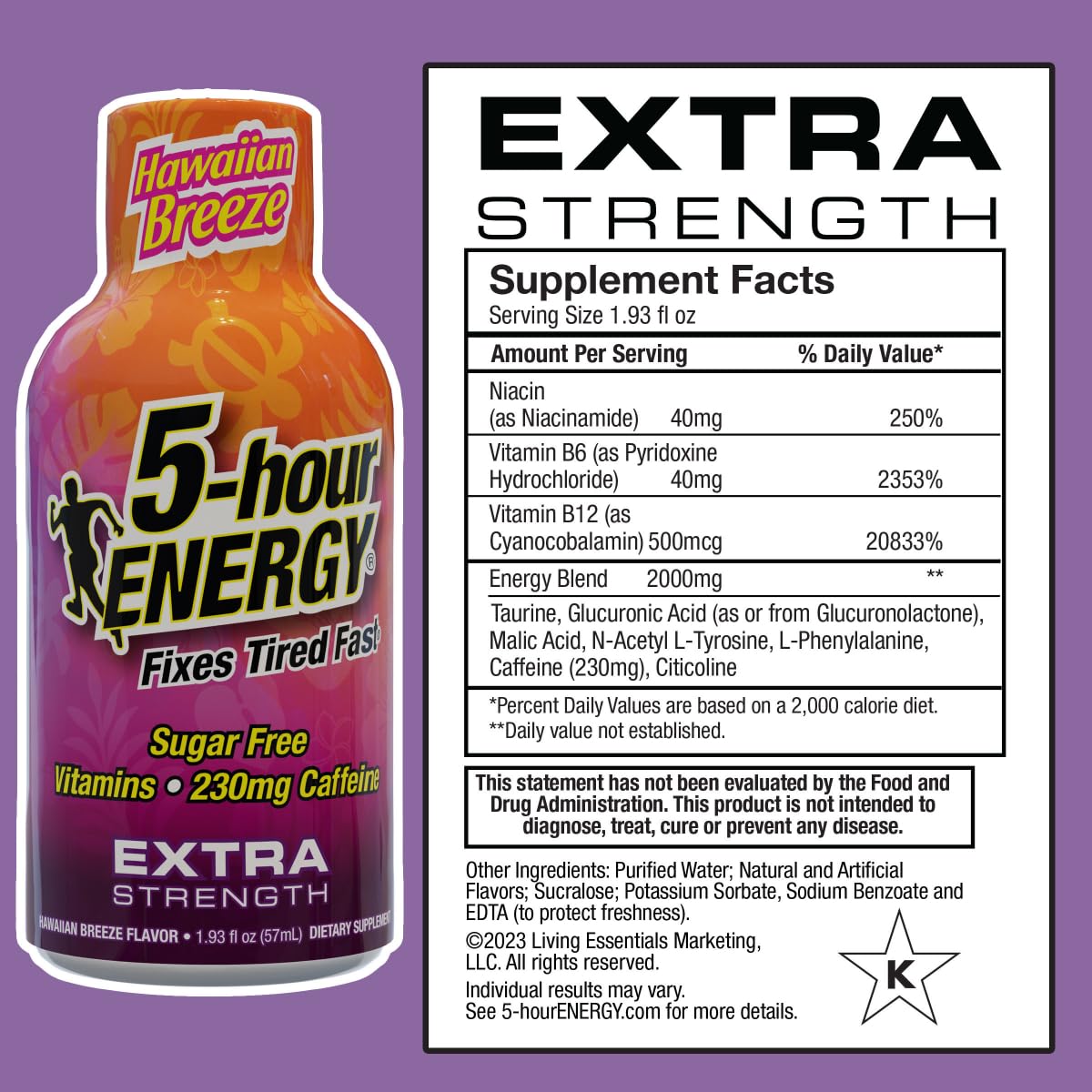 5-hour ENERGY Extra Strength Hawaiian Breeze Energy Shot 1.93oz, 20-Pack – Sugar Free Caffeine Energy Booster with B-Vitamins & Amino Acids – Zero Calorie (20 Bottles – Single Flavor, Hawaiian Breeze) - Image 2