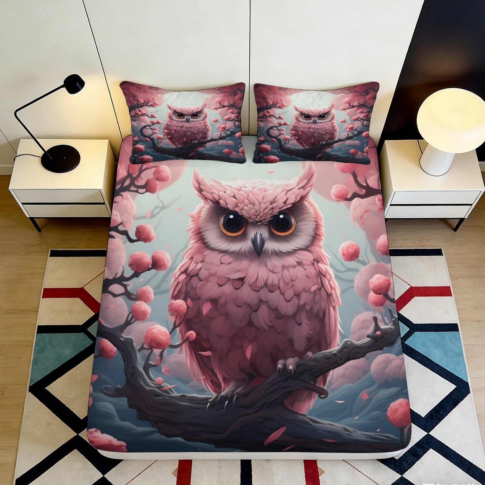 Jqzkxnhpbr Style-8 3D Printed Pink Owl Fitted Sheet Microfiber Soft Slip-Resistant Sakura Branch Mattress Cover For Bedroom Dorm Protector 90X200x25cm