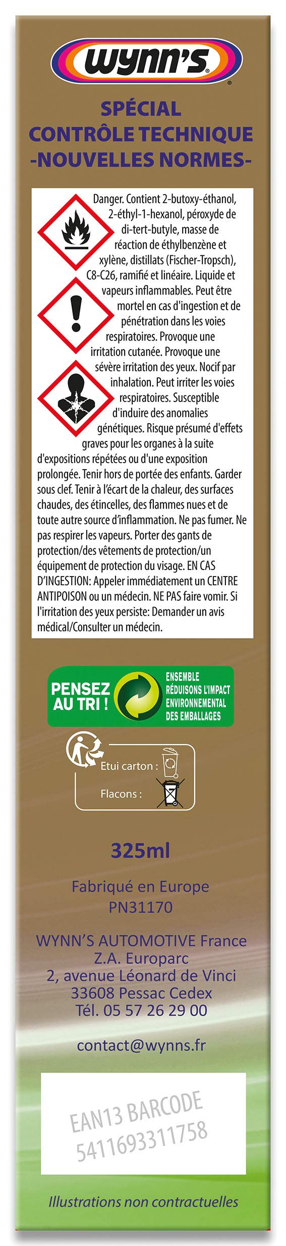Wynn's Additive ContrôleTechnique - Nettoyant Injecteur Essence - Dégraissant Moteur - Anti Fumées Noires - 325ml