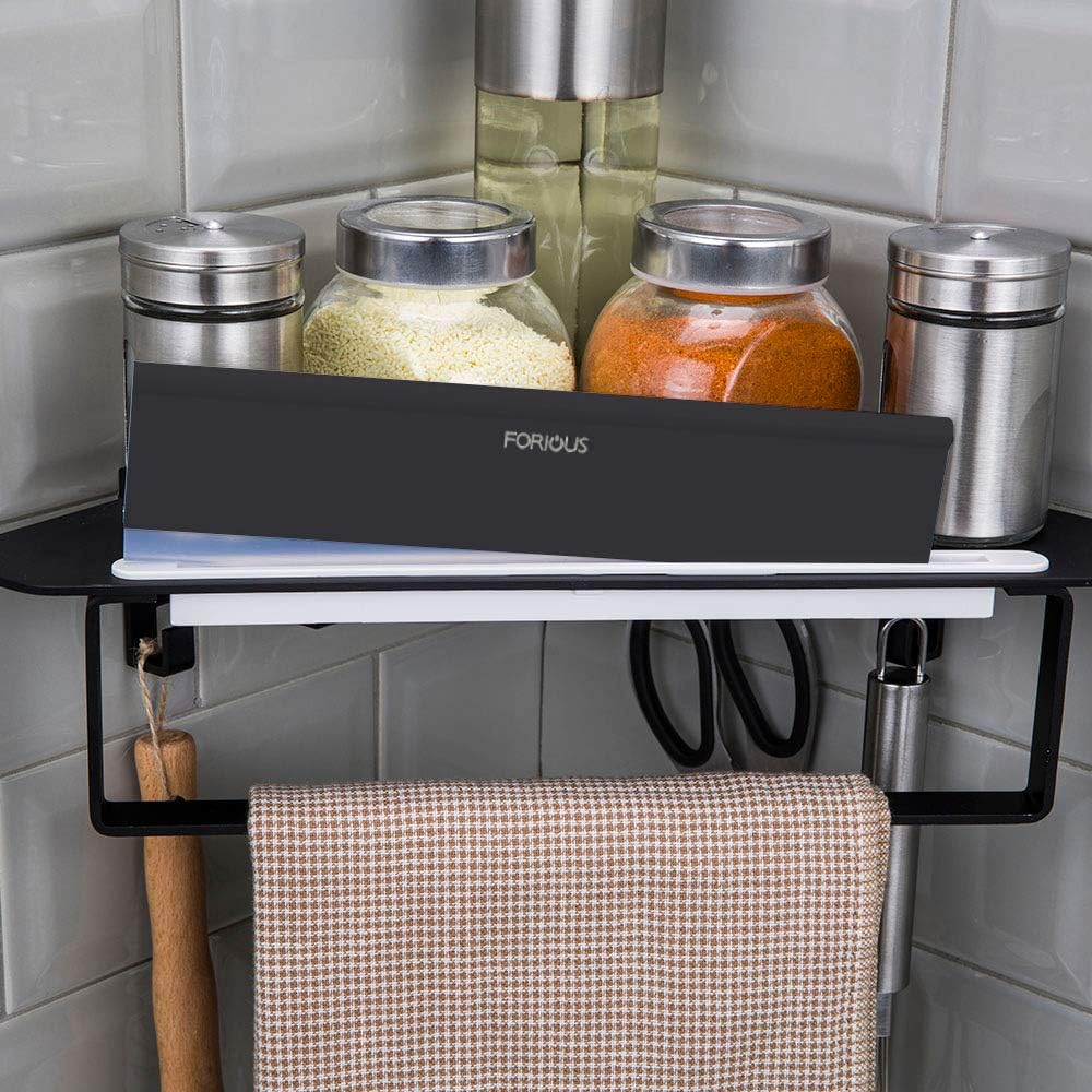 Forious Bathroom Shower Caddy and Kitchen Shelf with Squeegee, Towel Ring and Robe Hooks, Patented Glue + 3M Self-Adhesive, Aluminum, Black