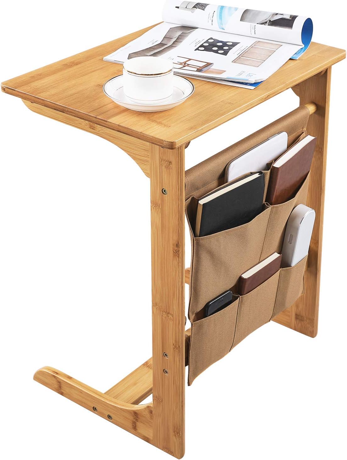 SONGMICS 100% Bamboo Wood TV Tray Removable Side/Snack/End/Couch/ Console Table Laptop Desk with Storage Bag for Bed Sofa Eating Writing Reading Living Room Natural