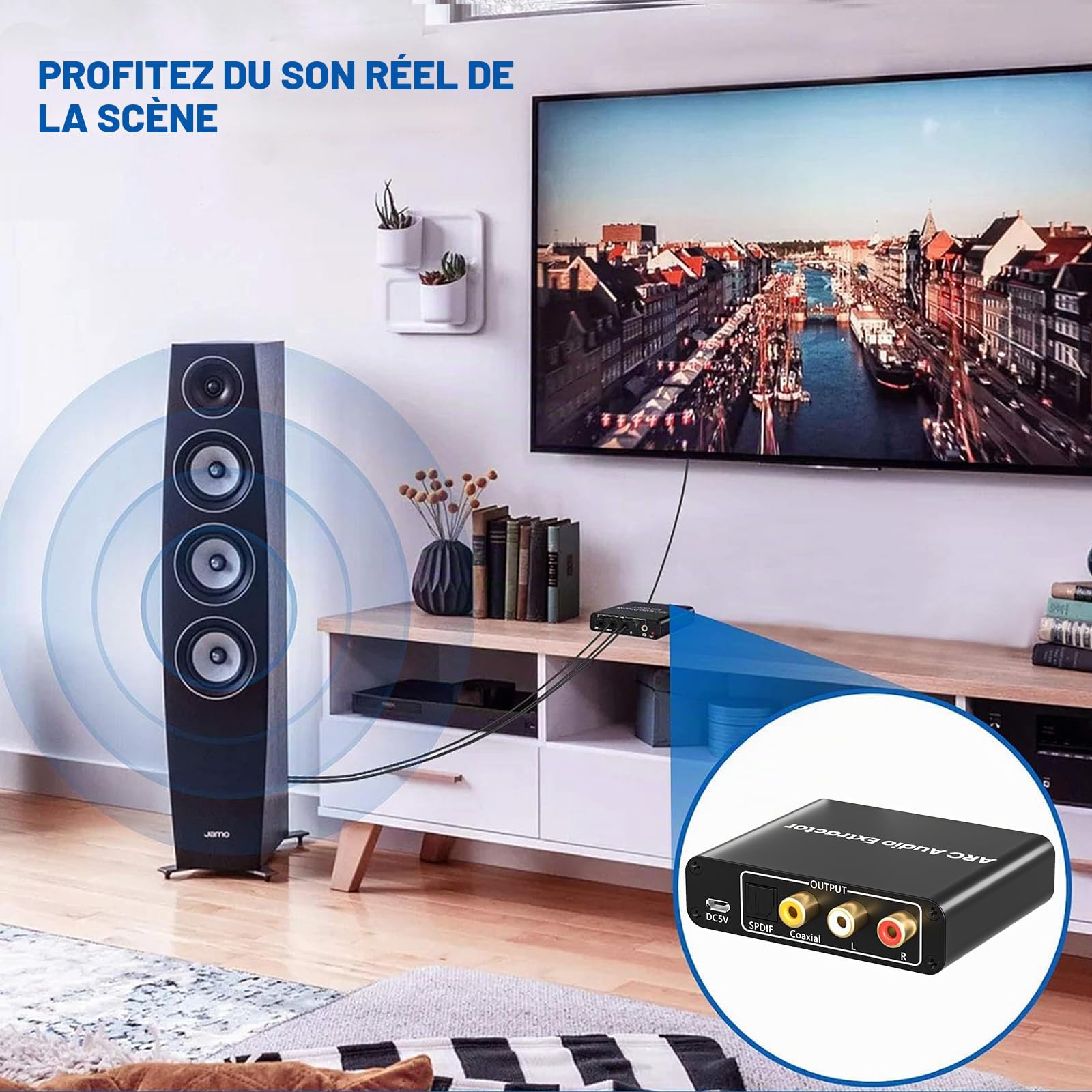 Adaptateur HDMI ARC, Extracteur audio ARC avec TOSLINK SPDIF/Coaxial numérique optique et 3,5 mm L/R stéréo Convertisseur audio HDMI ARC vers RCA Compatible avec la barre de son HDTV Amplificateur
