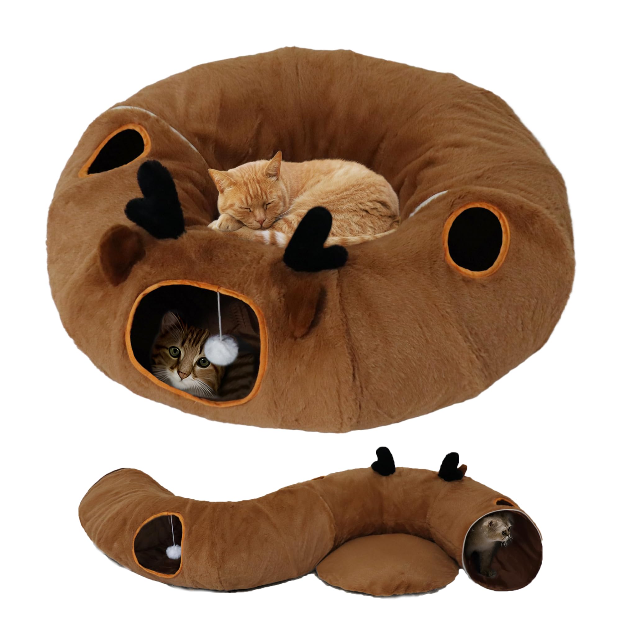 Cama de túnel para gatos de interior con cojín lavable, túnel de dona con bola esponjosa, tubo redondo grande, juguete de parque para mascotas, juguete de felpa suave para gatitos, gatos, cachorros