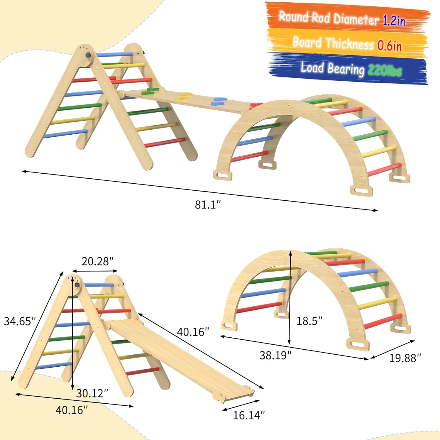 Pikler Triangle Set, 7 in 1 Foldable Climbing Toys Set for Kids, Baby Jungle Gym with Ramp & Arch, Wooden Montessori Climbing Set Indoor for Toddler (Colorful)