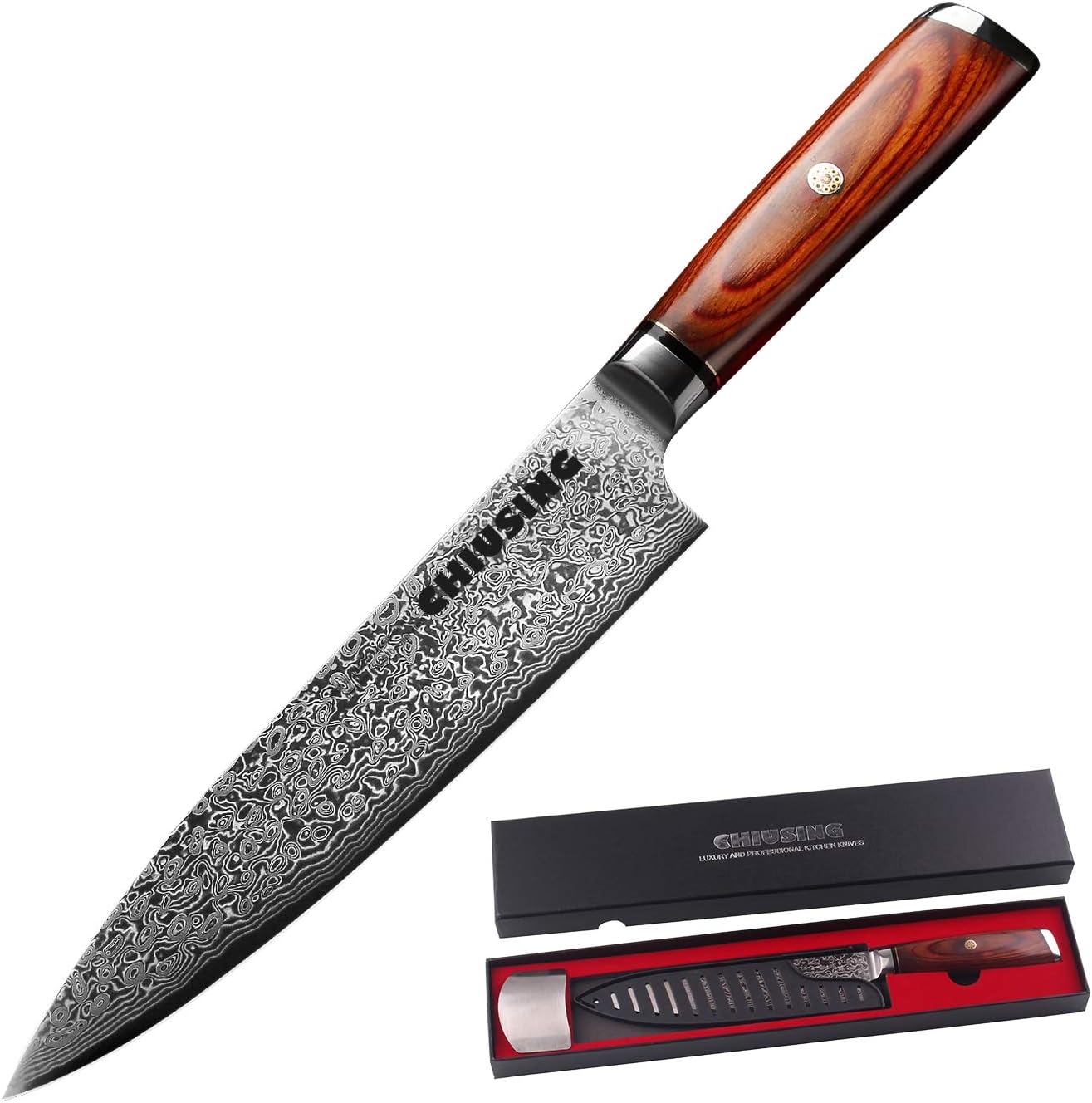 Damascus Chefs Knife, CHIUSING 67-layer Handmade 8 inch Damascus Chef Knife, AUS10 Damascus Super Steel Ultra Sharp pakka wood handle