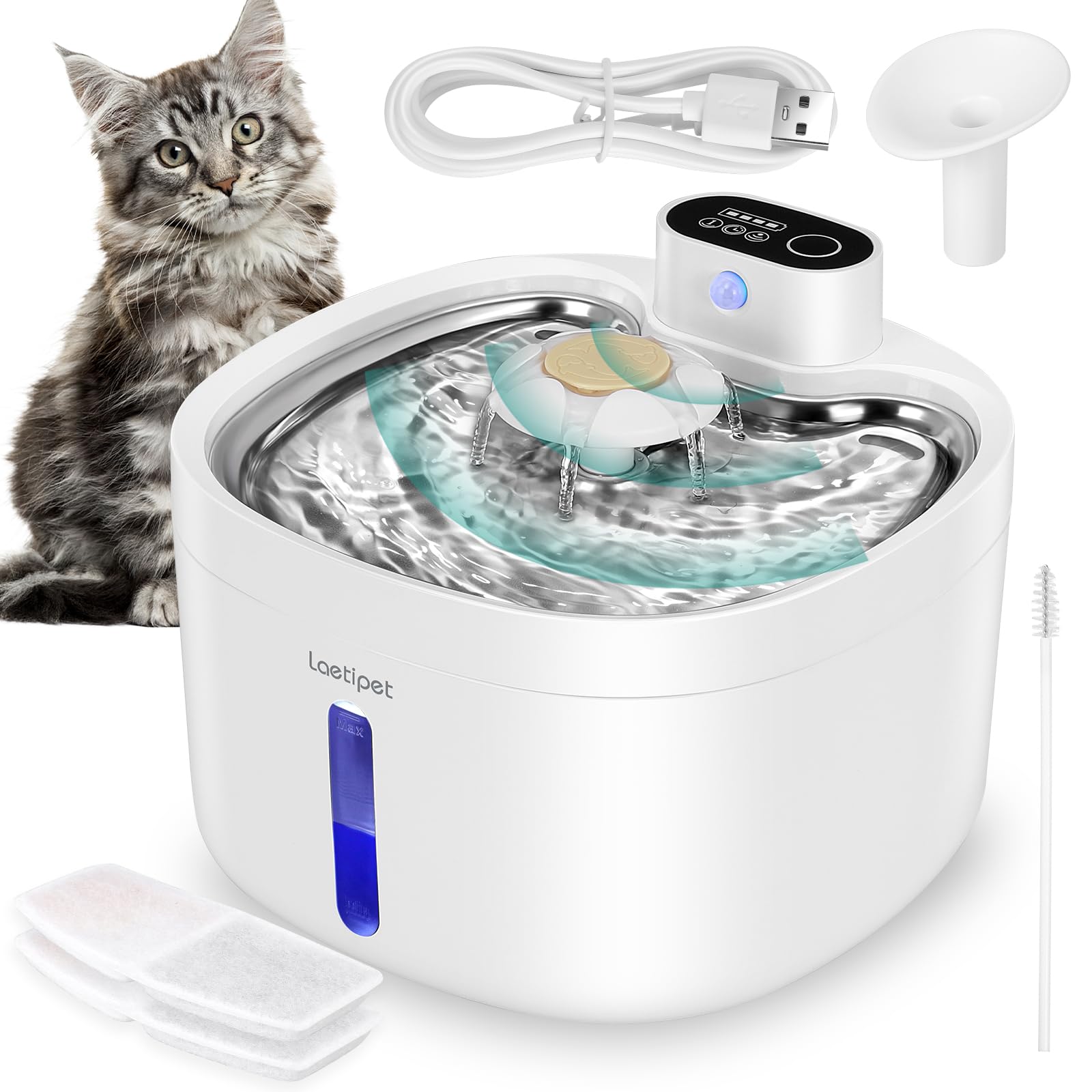 Battery Operated Cat Water Fountain,2.6l/88oz Wireless Stainless Steel Cordless 3 Modes Automatic Water Dispenser for Cats with Motion Sensor Silent Pump Dog Pet Fountain Multi-Filtration BPA-Free