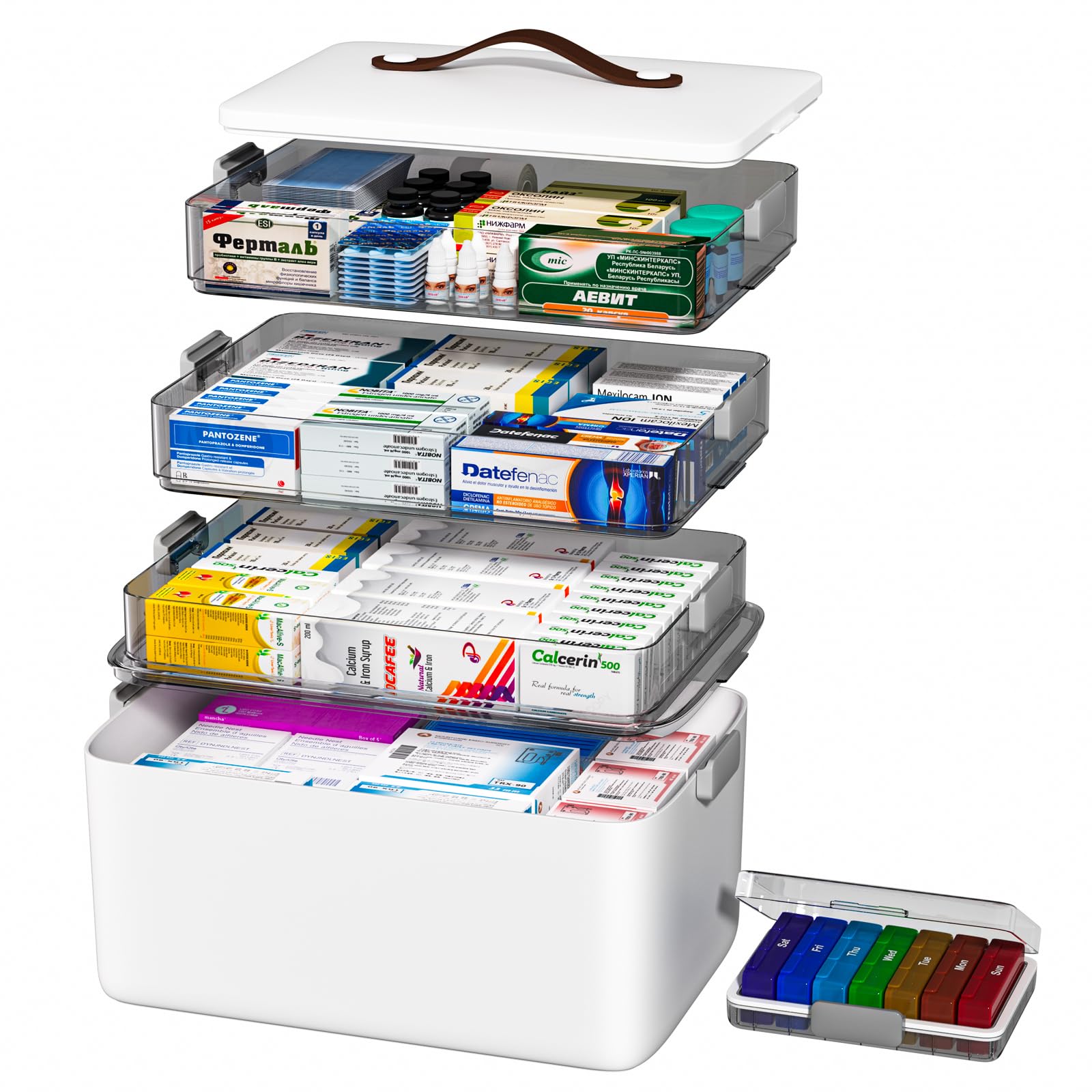 JOYBOS Medicine Storage Box Organizer, Plastic, White, 4-Tier with 7-Day Pill Case, Lockable, Waterproof, Airtight, Dustproof,
