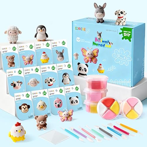 Miniatura 1 de CLYMENE Kit de arcilla seca al aire para niños, 12 animales de arcilla para modelar con herramientas y tutoriales, artes y manualidades, juguetes