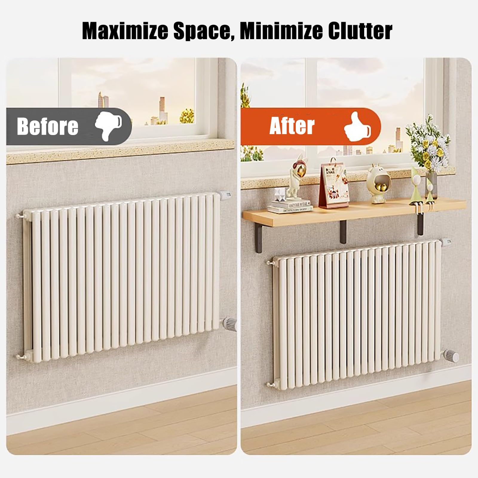 Mensola Superiore Rettangolare In Legno per Termosifone, Mensola Espositiva a Parete, Copri Termosifone Sopra il Termosifone, Supporto Triangolare, per Soggiorno/cucina(Brown,60 * 30cm/24 * 12in)