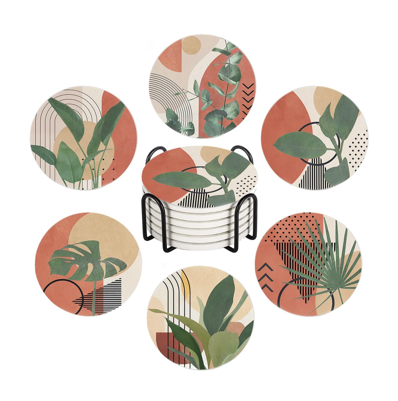 Wwoopll Boho Tropical Leaves Drink Coasters Set Of 6, Modern Absorbent Round Ceramic Stone Mat Coaster, With Cork Base And Metal Holder, Anti-Slip Cork Bottom For Mugs And Glasses