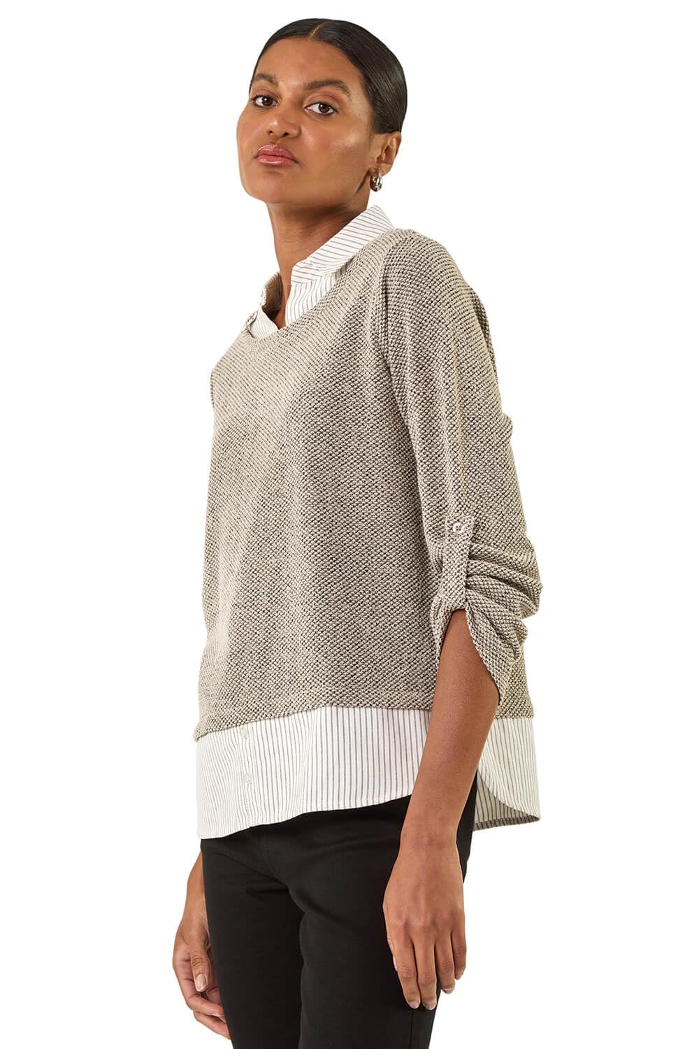 Roman  Beige 2-In-1 Mock Shirt Textured Knit Jumper Size 20