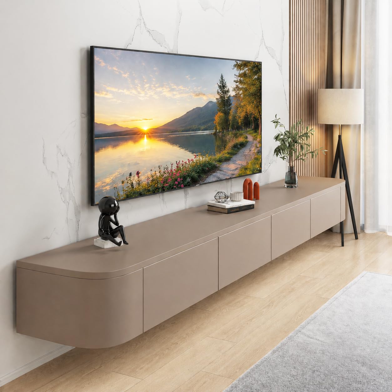 FGNIXLN Floating TV Unit,120-300CM Wall Mounted TV Cabinet, Floating TV Stand with Flip-Down Doors & Drawers, Modern TV Media Console Center Large Storage TV Bench(Khaki,140CM)