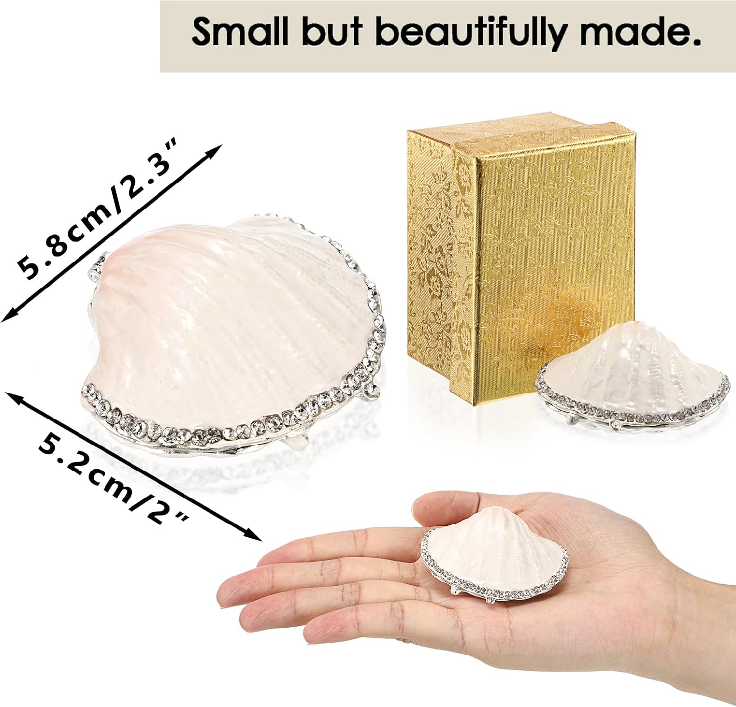 ELLDOO Mini Seashell Trinket Box, Vintage Metal Enameled Decorative Box Earrings Ring Holder Small Jewelry Organizer Seashell Figurine Gift Box for Girl Women, White - Image 2