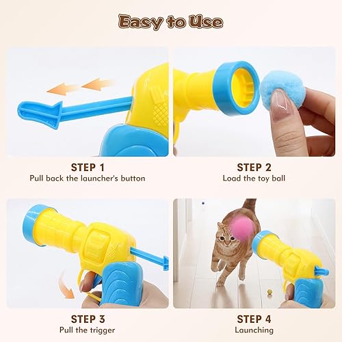 Miniatura 6 de Kerros Juguete interactivo de pelota para gatos con 1 pistola lanzadora de plástico y 30 bolas de pompón peludas, divertidos juguetes interactivos