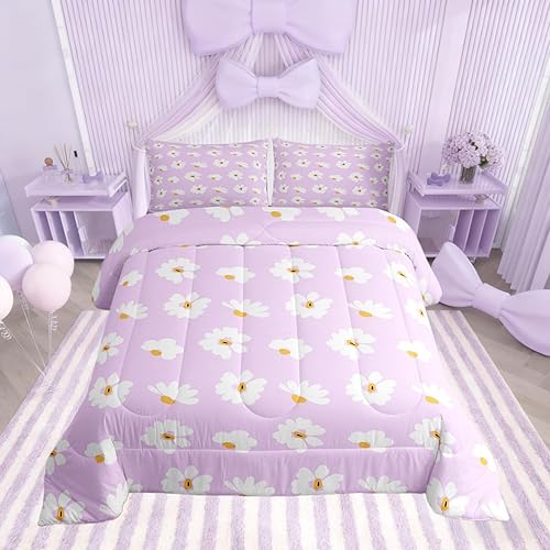 Castle Fairy Daisy Florals Comforter Set Twin Size,Hippie Flowers Bedding Set,Kids Boys Adults Bedroom Decor,70s Retro Floral Super Soft Duvet