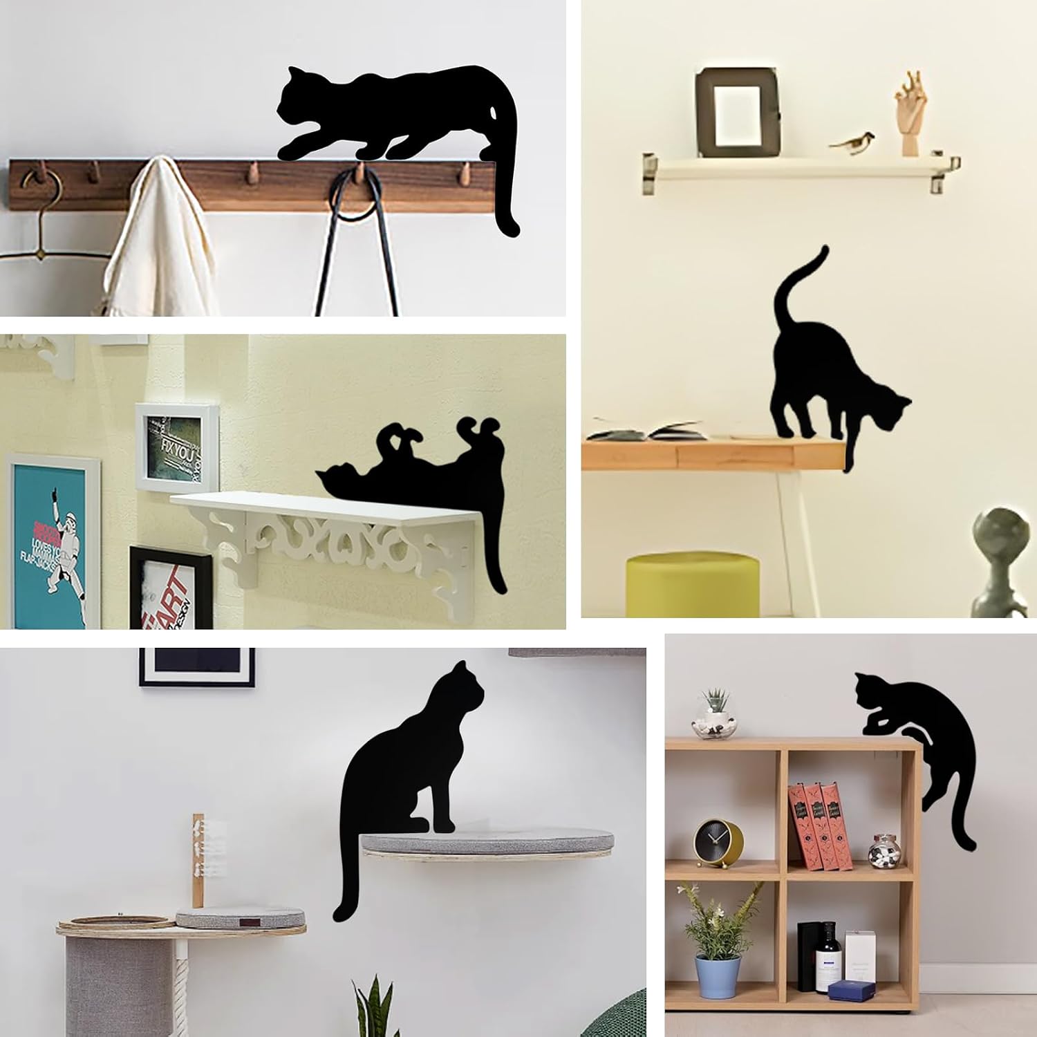 YuQi 5 Pcs Black Cat Wall Decor, Wooden Cat Silhouette Stickers w/Gift Box