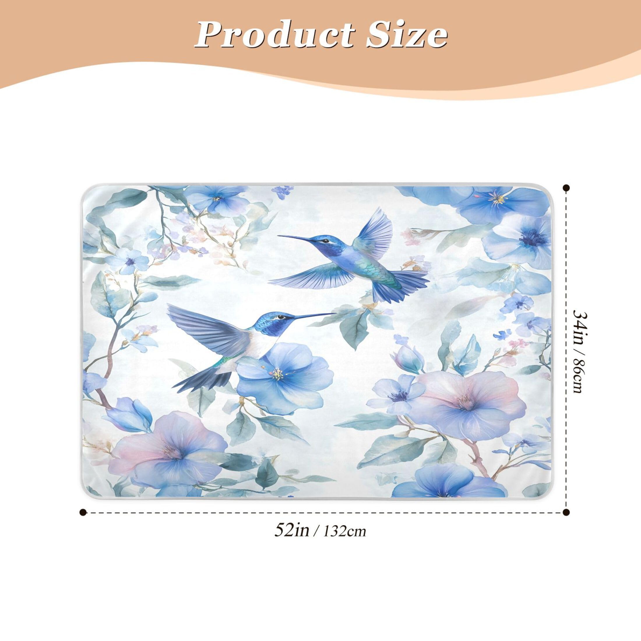 Takiito Blue Flowers Hummingbirds Bed Pad Reusable Bed Underpad Washable Waterproof Leak-Proof Quick Dry Incontinence Pee Pad for Toddlers Kids Adults Pets 34x52 in