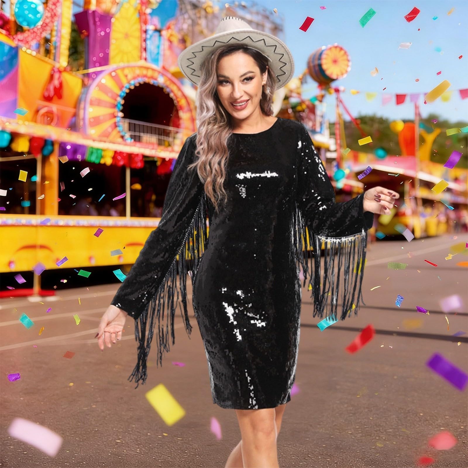 Vestido De Lentejuelas Mujer con Flecos Corto Curvy Sexy Elegante Fiesta Vestidos Brillantes Mujer Manga Larga Ajustado Ceremonia Cóctel Club Dress
