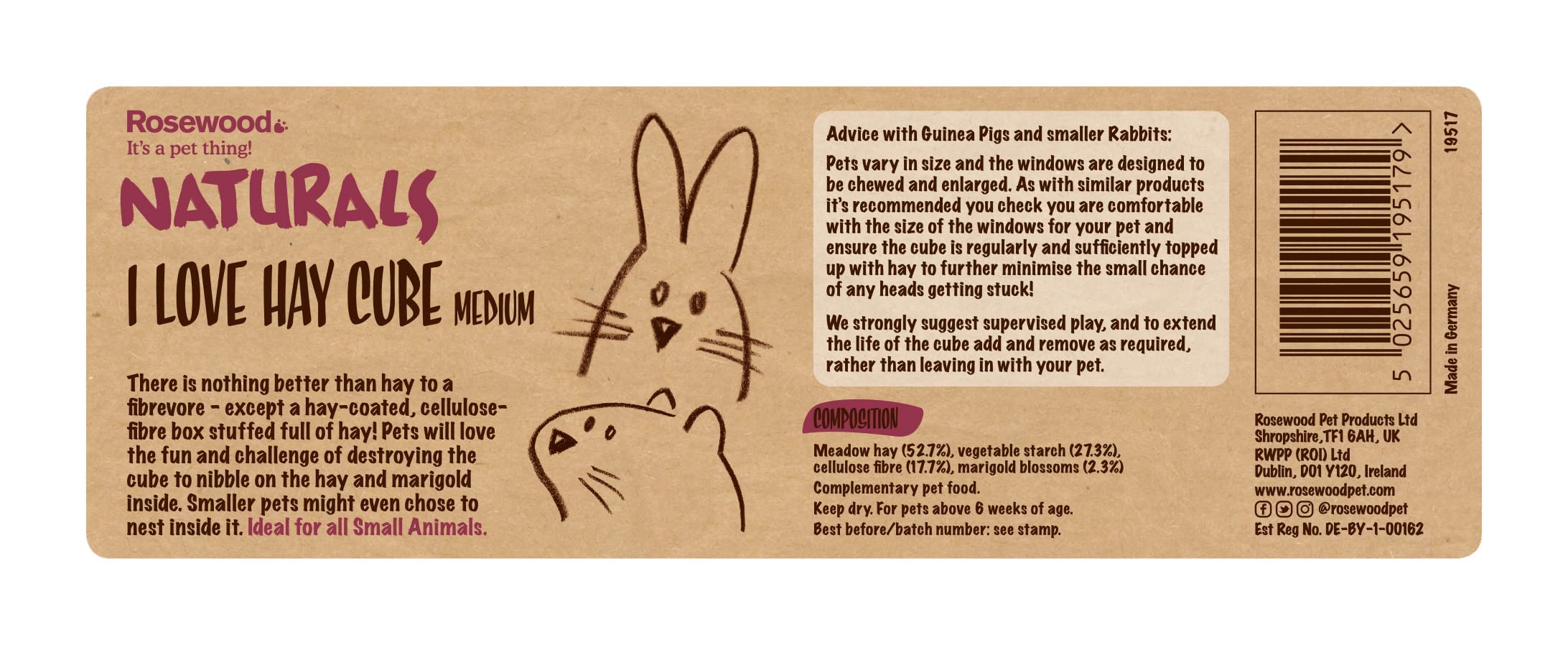 Rosewood Naturals I Love Hay Forage Cube, Small Animal Treat and Gnaw Toy for Rabbits, Guinea Pigs, Chinchillas, Degus, Hamsters, Gerbils, Mice and Rats - Medium (Pack of 2)