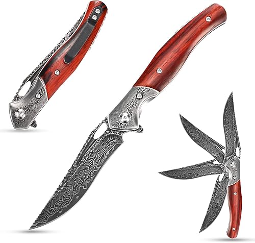 Sitivien ST254 Cuchillo plegable de acero Damasco,Hoja de núcleo VG10,Cuchillos EDC con mango Dalbergia para acampar al aire libre senderismo
