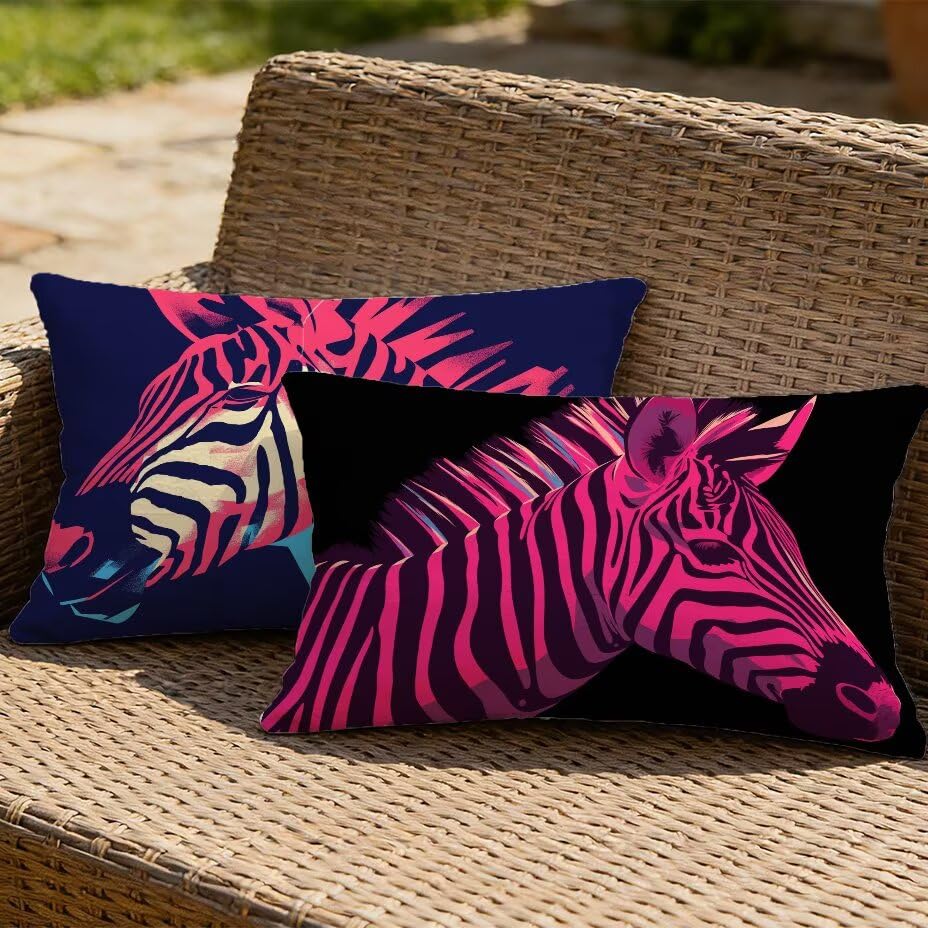 2 housses de coussin de jardin 50x70 rose et zèbre en lin imperméable pour canapé extérieur M-P54