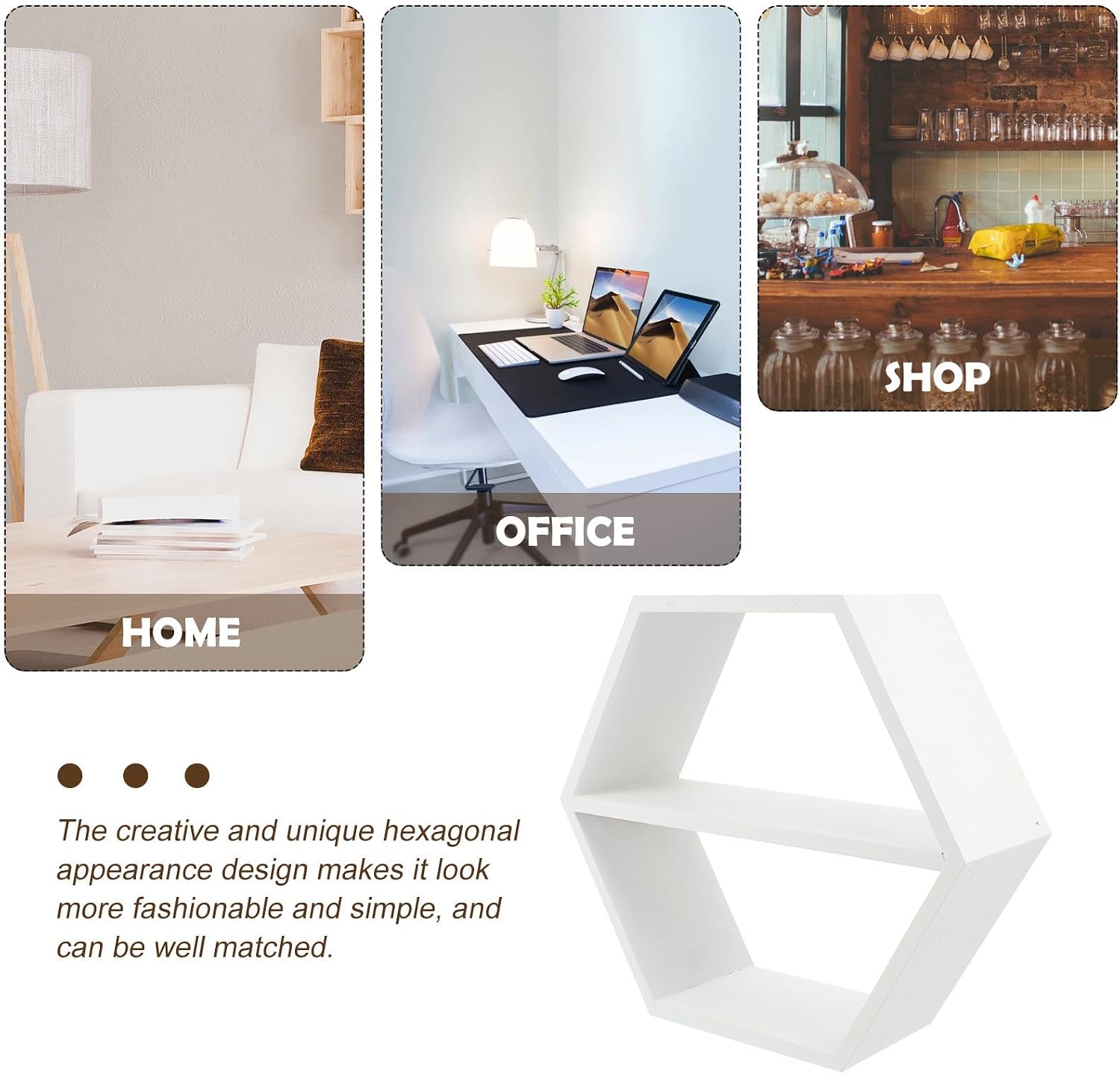 SHINEOFI Hexagonal Wood Floating Shelf Wall-Mounted Storage Holder with Polished Surface, White Wall Shelf Decor for Home Organization and Sundries Display