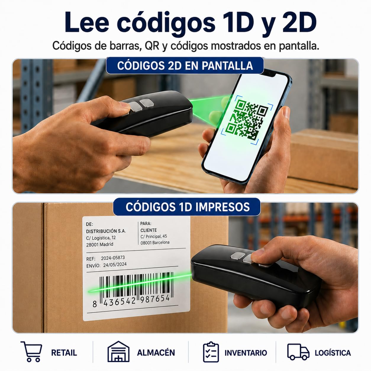 LOXS Lector codigo de Barras inalambrico 1D y Lector QR 2D para TPV y almacen – escaner codigo de Barras inalambrico Bluetooth USB 2.4GHz – Lector codigo Barras Android iOS Windows