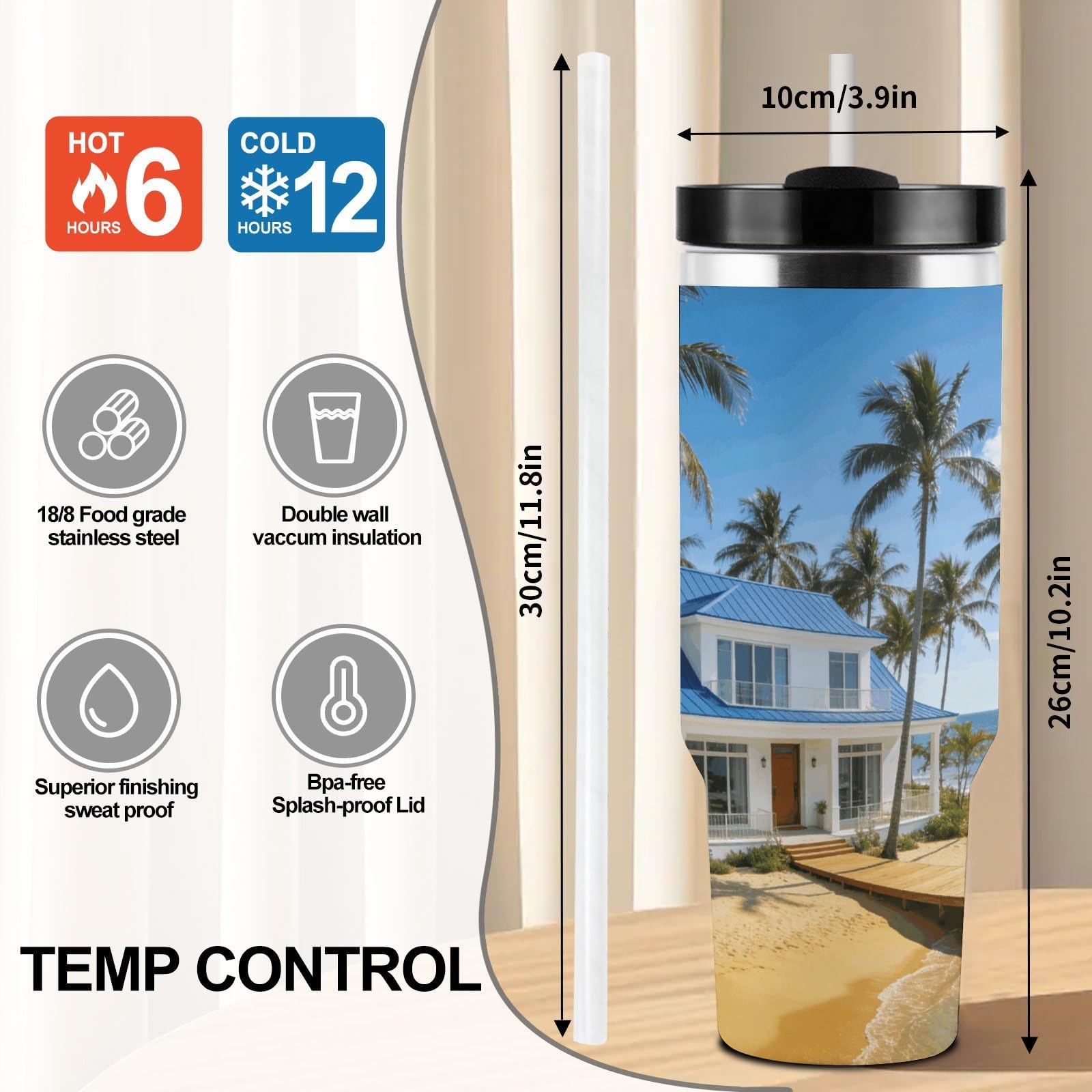 Blue Sea White House - Tazza da caffè da viaggio in acciaio inox, tazza da caffè con coperchio e cannuccia, tazza con manico, grande capacità, doppia parete, sottovuoto, a prova di perdite