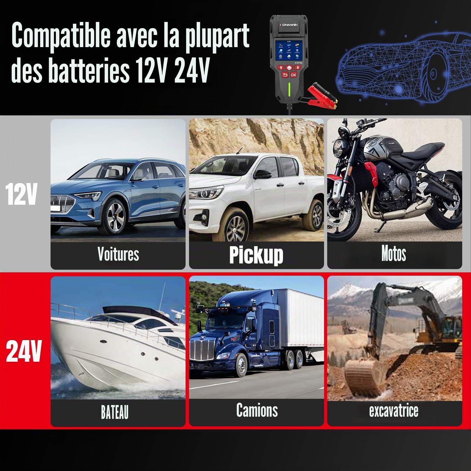 KONNWEI KW700 Testeur Batterie Auto 12V/24V avec Imprimante, Analyseur Batterie Digital pour Voiture, Camion, Moto, AGM/GEL/EFB/Lithium, CCA/EN/DIN, Start-Stop, Diagnostic Charge & Démarrage
