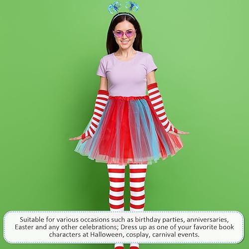 Miniatura 7 de Xtinmee Juego de 4 piezas de disfraz de tutú de tul de 4 capas, falda tutú a rayas, guantes calentadores de brazo largo, calcetines altos hasta