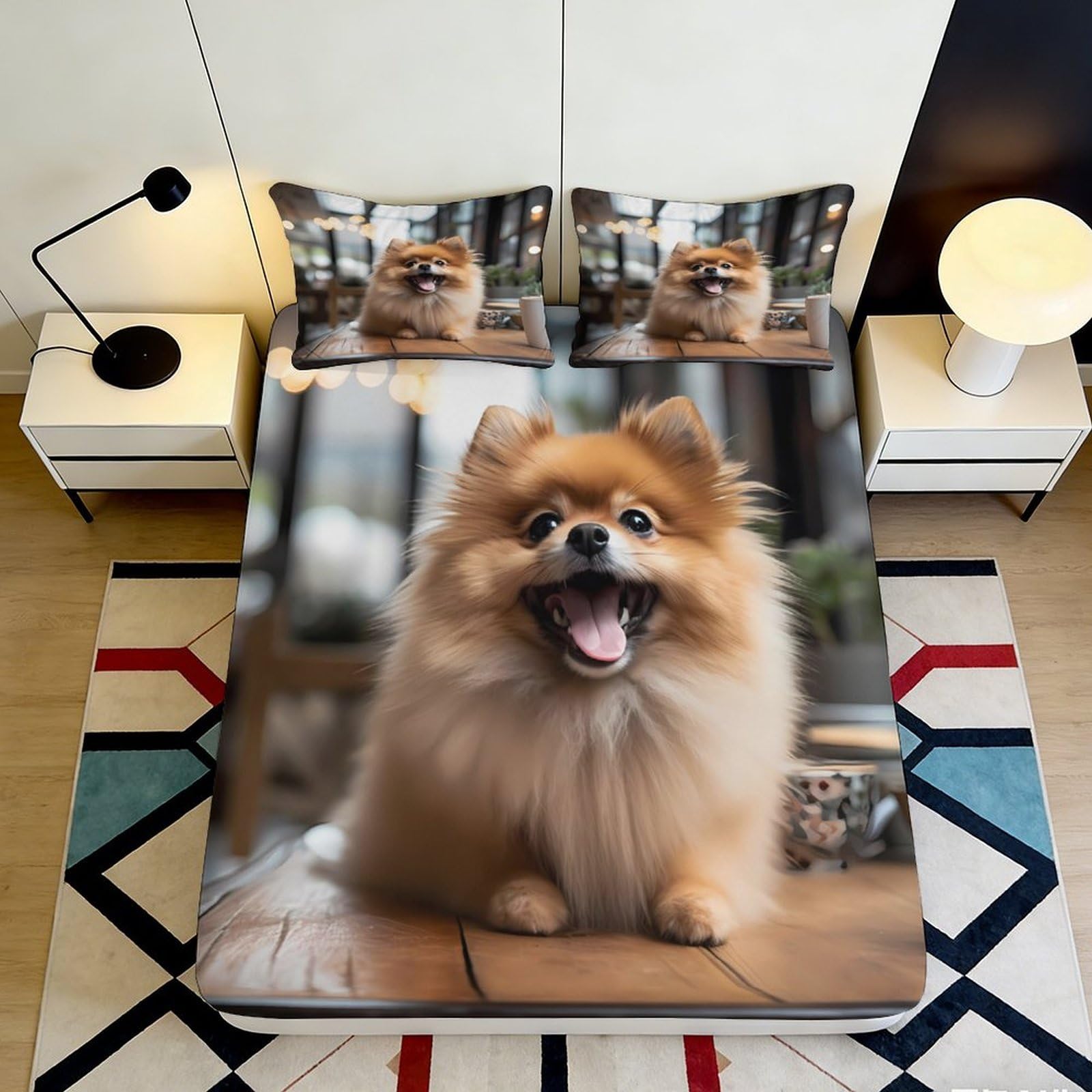 3D Printed Happy Pomeranian Fitted Sheet Microfiber Soft Breathable Smiling Dog Bed Cover for Bedroom Dormitory Guest Room Mattress Protection Decor 200x200x25cm