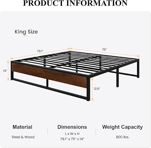Miniatura 19 de SHA CERLIN Marco de cama de plataforma de metal de tamaño individual de 14 pulgadas con madera rústica y agujeros inversos/amplio espacio de