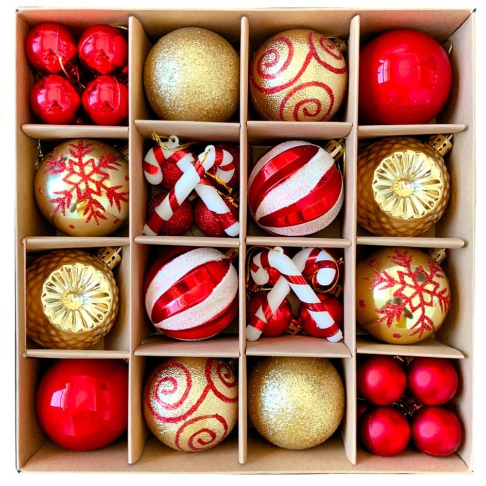 Mumoo Cat 40 PCS Christmas Ball Ornaments, Christmas Tree Baubles, Painted Plastic Christmas Balls for Christmas Holiday Party Home Decoration (Gold&Red)