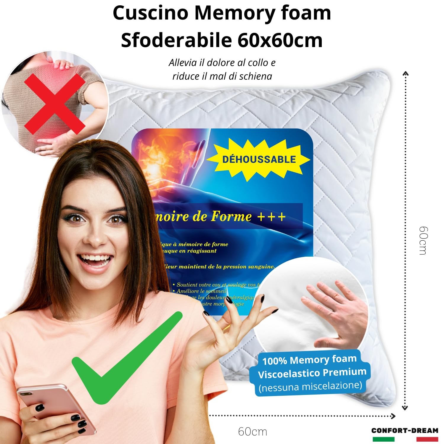 Cuscino Memory Foam +++ 60x60cm Sfoderabile