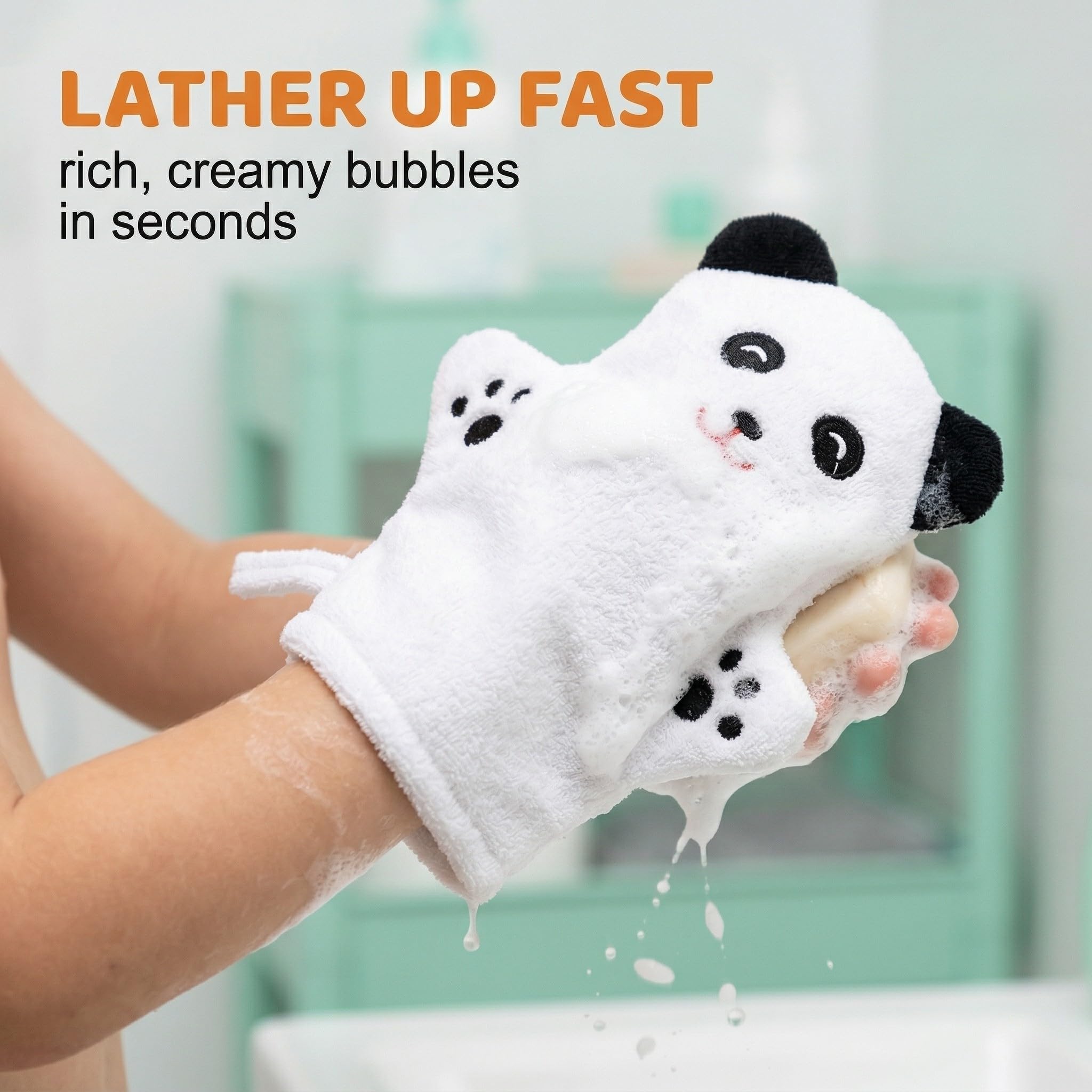 Lot de 3 Gants de Toilette Bébé en Coton, Gants de Toilette Enfant avec Motifs Animaux (Ours, Singe, Poussin), Gant de Toilette Marionnette Rigolo pour le Bain et la Douche, Doux et Absorbant