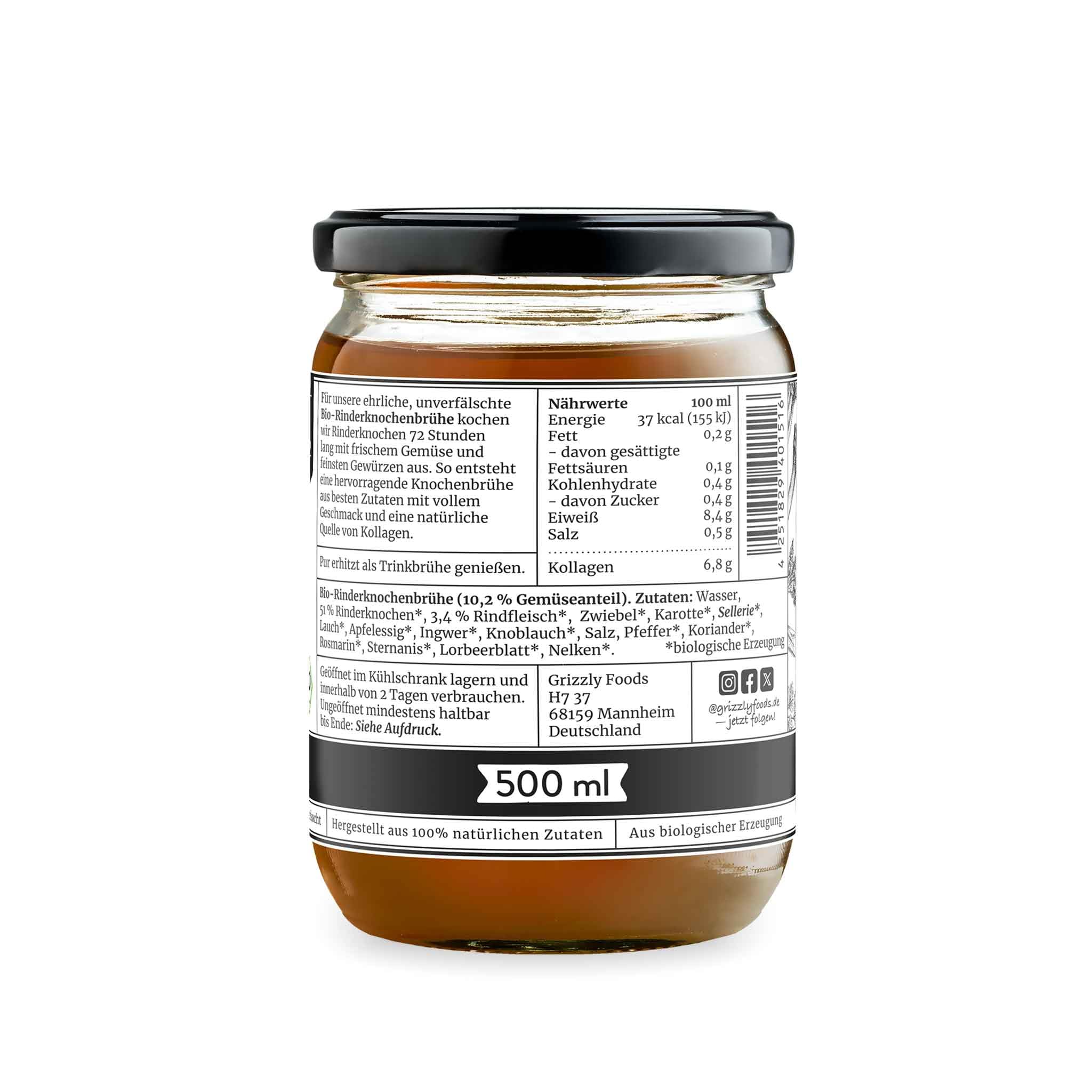 Grizzly Foods Brodo di ossa di manzo biologico (6 x 500 ml) - 25 g di collagene per bicchiere - Cotto per 72 ore - 100% naturale - Senza zucchero, senza additivi - Nutrienti preziosi - Bone Broth