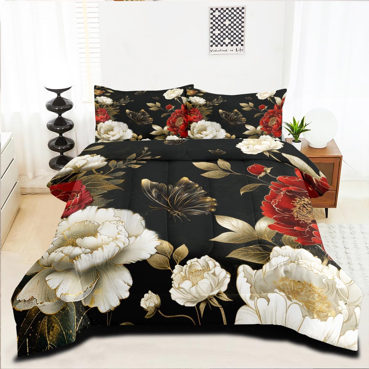 Jolusere Black Vintage Comforter Set King Size Red and