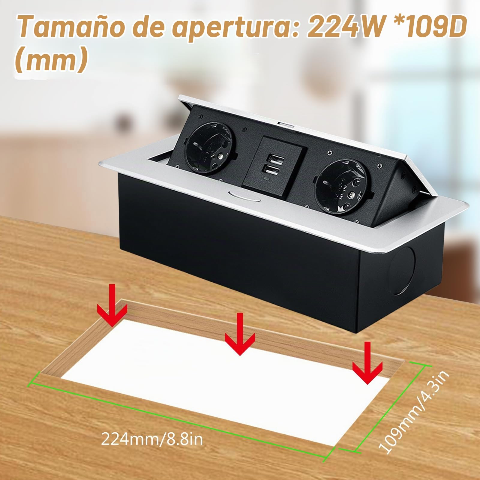Vegena Enchufe De Mesa USB, Enchufe Multiple Retractible, Regleta Multienchufe Retráctil con 2 Puertos USB Enchufe Empotrable Retráctil para Encimera, Cocina, Taller (Plata)
