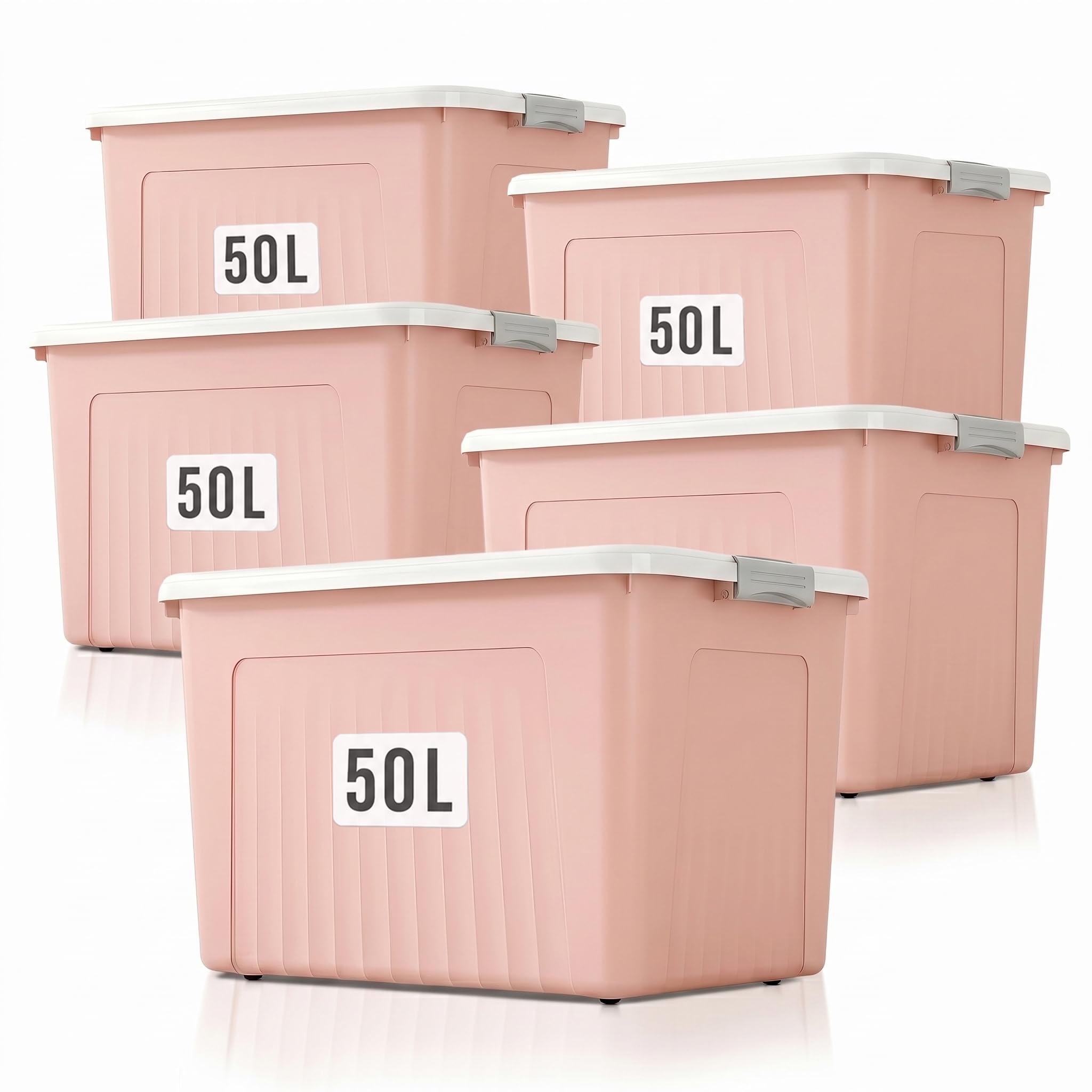 Froppi 5 x 50 Litre Premium Useful Plastic Storage Box with Lid and Wheels | Stackable | Pink | L55 W39 H31 cm | 5 Pack