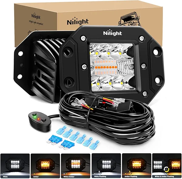 Nilight 2PCS 42W Light Pods Flush Mount Spot Flood Amber White Strobe 6 Modes Memory Function Off-Road Truck Car ATV SUV Cabin Boat with 16AWG Wiring Harness Kit-2 Leads
