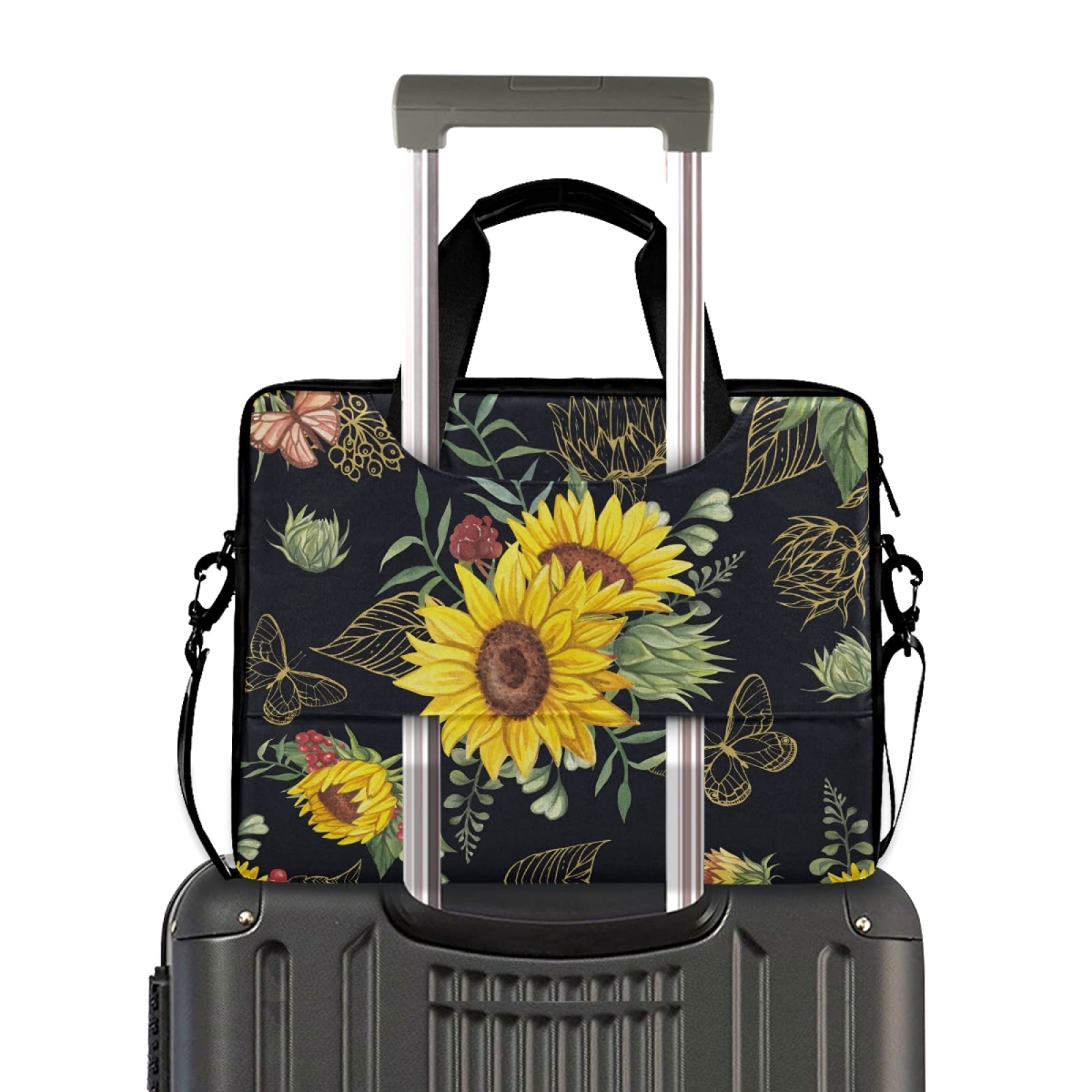 Gold Butterflies And Sunflower Laptop Bag Case 13 14 15.6 inch Laptop Messenger Bag Crossbody Briefcase for Men Women with Shoulder Strap Handle