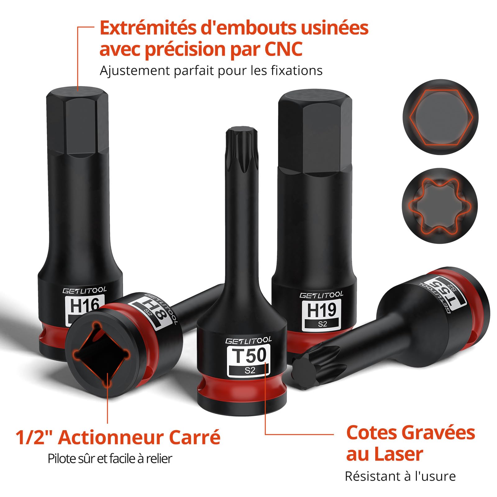 GETLITOOL Lot de 20 douilles Allen à impact 1/2" en acier S2 avec taille marquée et étui de rangement pour réparation automobile, entretien mécanique, 5 mm-19 mm et T20-T80