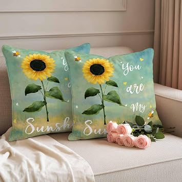 Outdoor Pillow Covers,Country Pastoral Sunflower Bee Decorative Throw Pillow Cover Waterproof Pillowcase Set of 2,Linen Cushion Case for Sofa Couch Bed 16x16 Inch,Sunshine Abstract Colorful Back