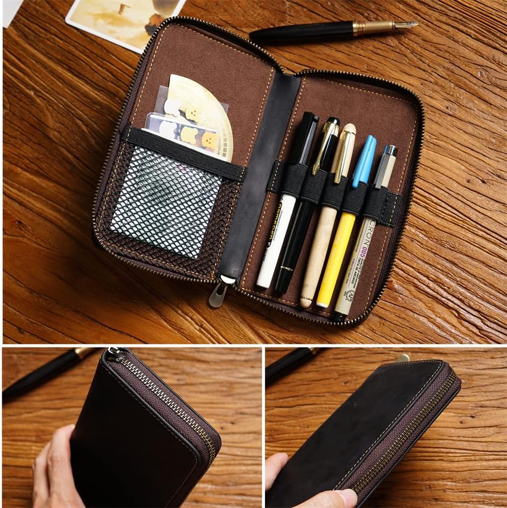 Leather Zipper Pen Storage Bag Vintage Cowhide Multi Large Capacity Box Stationery